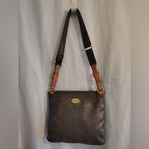 Fossil Leather Crossbody Bag Brown Black Tan Colorblock Adjustable Strap Pockets